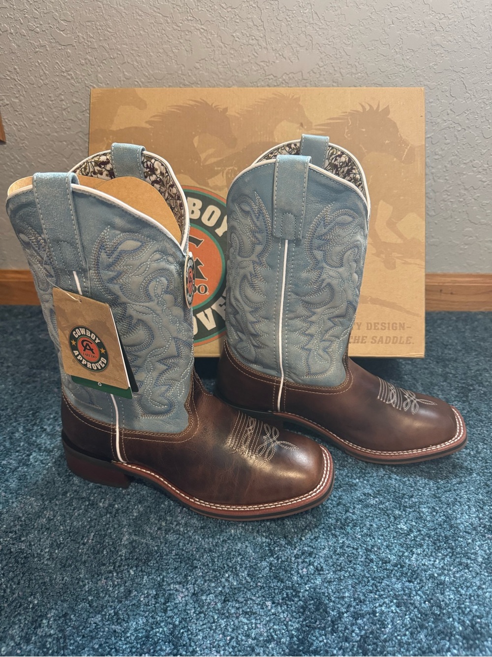 Brown Leather Boots with Light Blue Embroidered Shaft